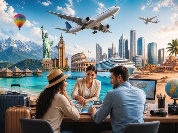 A couple planning a trip with a travel agent amidst iconic landmarks and travel elements.