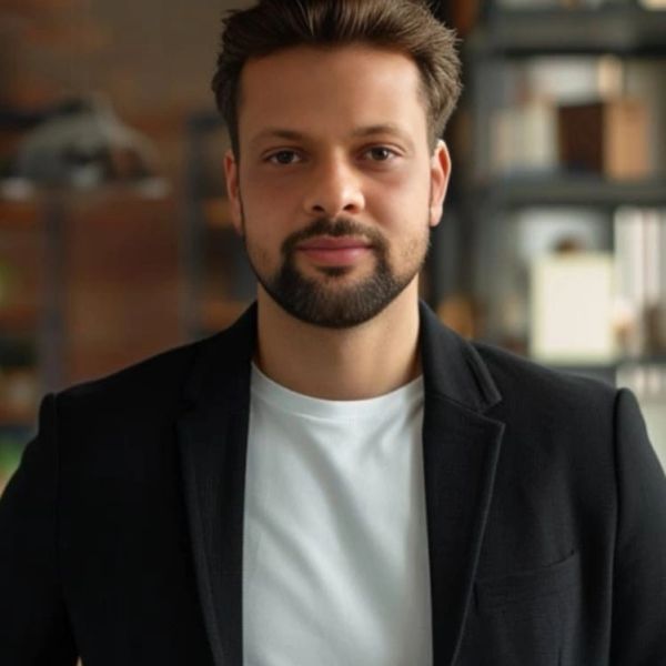 Confident man with beard wearing a black blazer and white shirt.