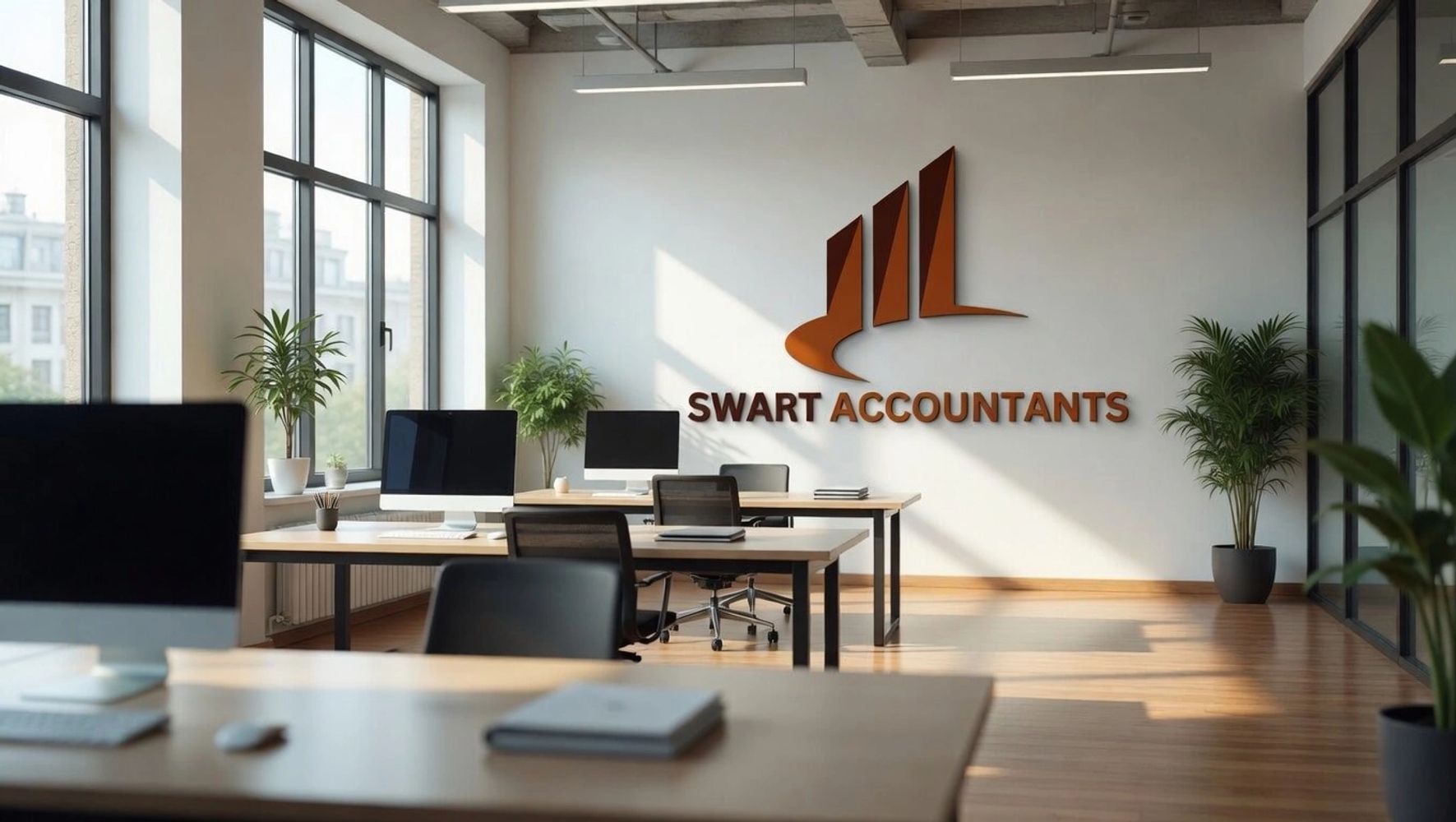 Modern office with large windows and "Swart Accountants" sign on wall.