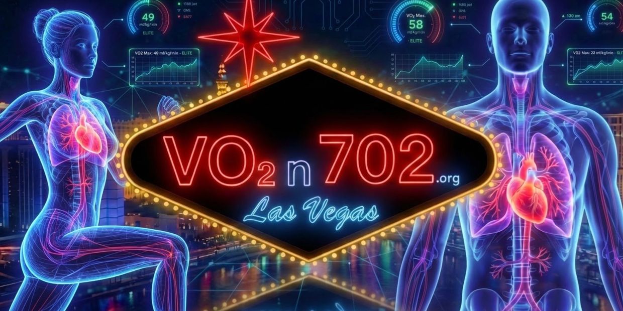 Neon-lit anatomical figures with heart and lungs flank a bright Las Vegas sign for VO2n702.org.