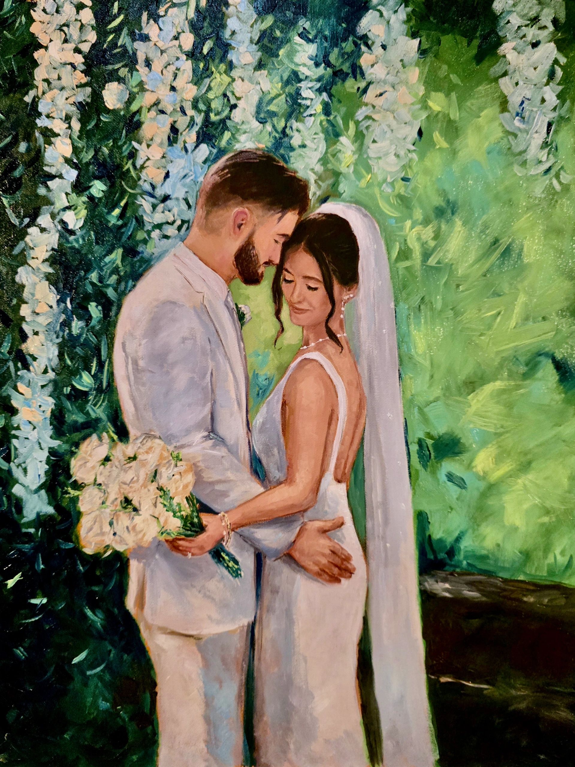 Live wedding painting of bride and groom embracing on their wedding day.