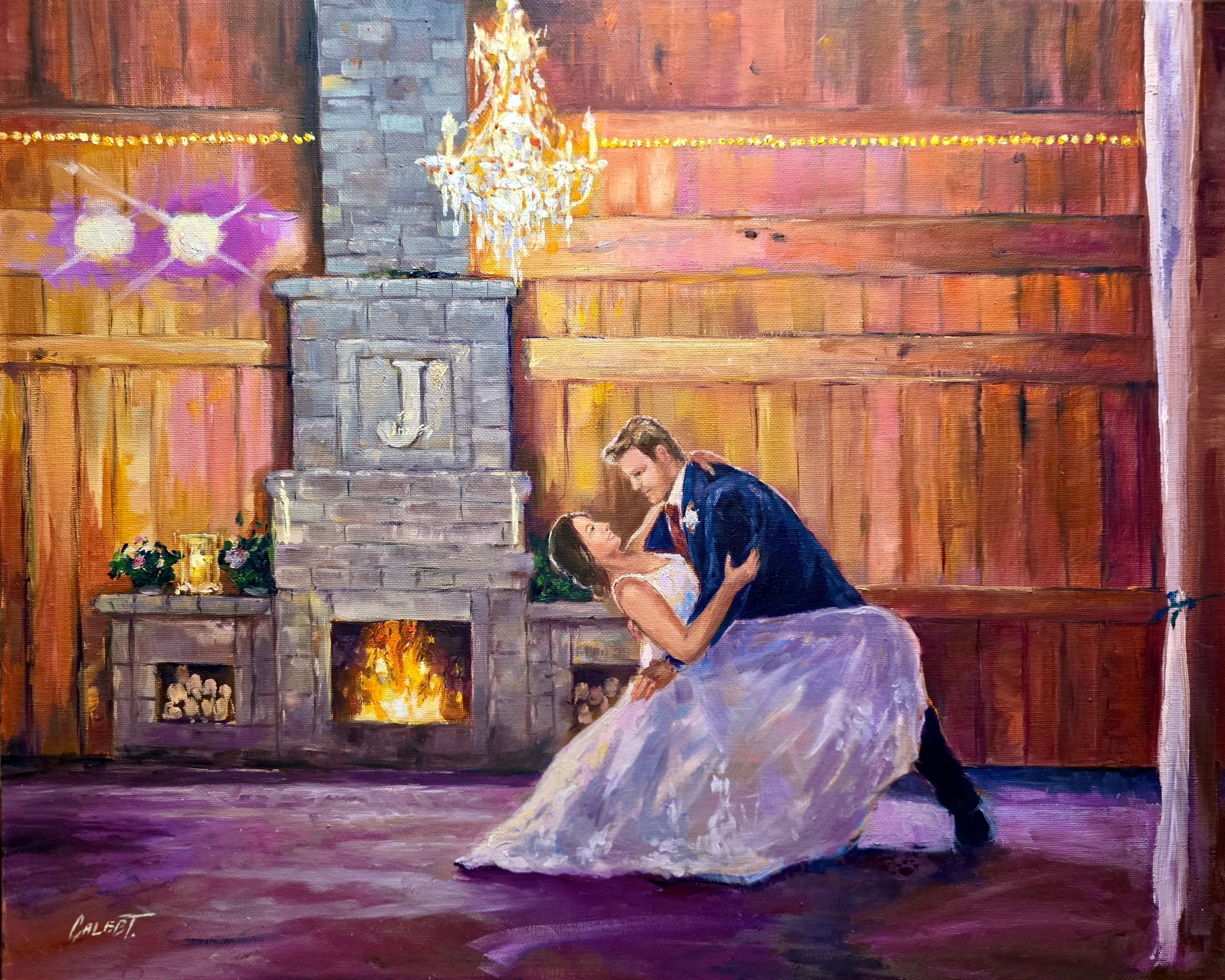 Live wedding painting in Lancaster, Ohio of bride and groom in a dip kiss.