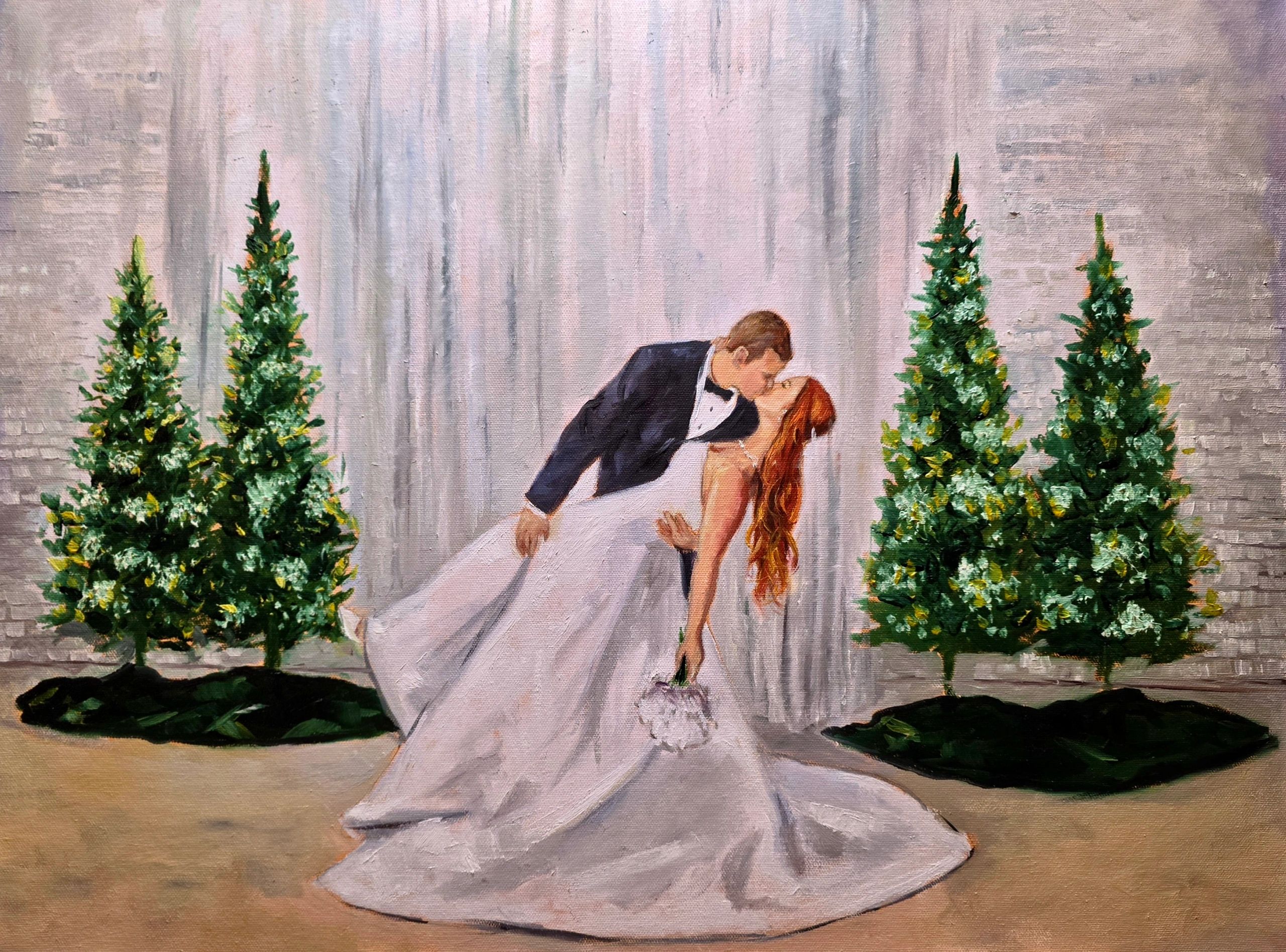 Live wedding painting in Michigan of bride and groom doing a dip kiss.