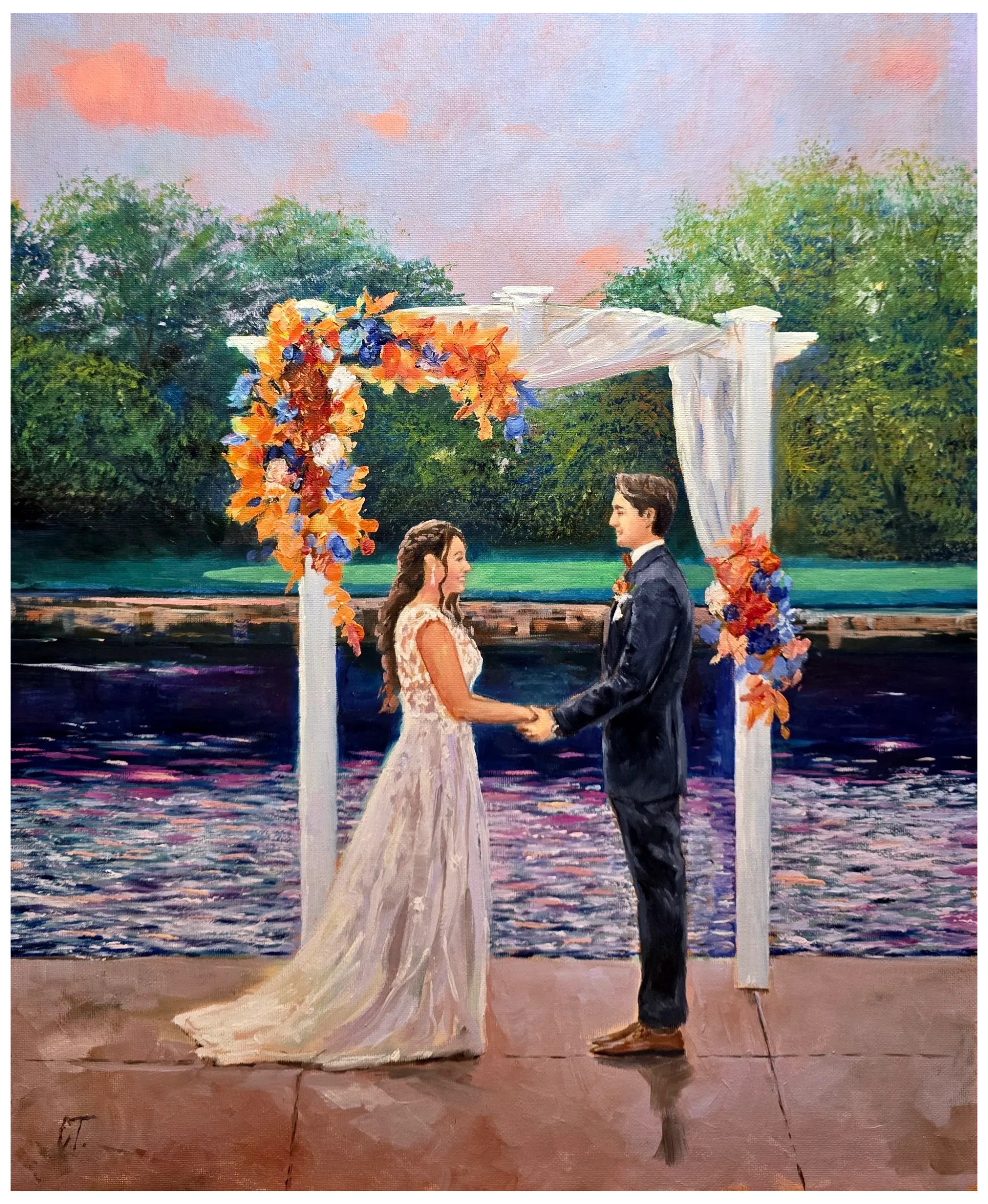 Live wedding painting in Ohio of couple holding hands at the altar