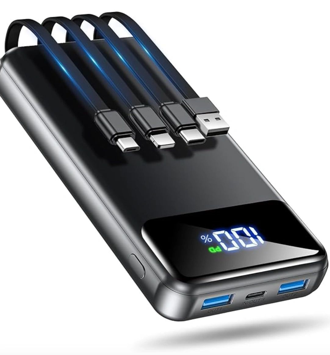 Black power bank with multiple USB cables and digital display.