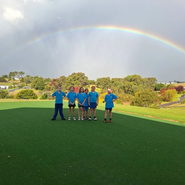 Five children in blue shirts stand on green grass under a rainbow.