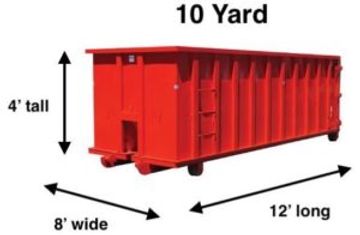 10 yard roll-off dumpster ideal for small home cleanouts and light construction debris.