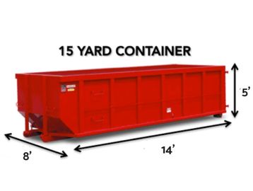 A 15-yard roll-off dumpster  garage cleanouts, small remodels, yard waste, and light debris removal.