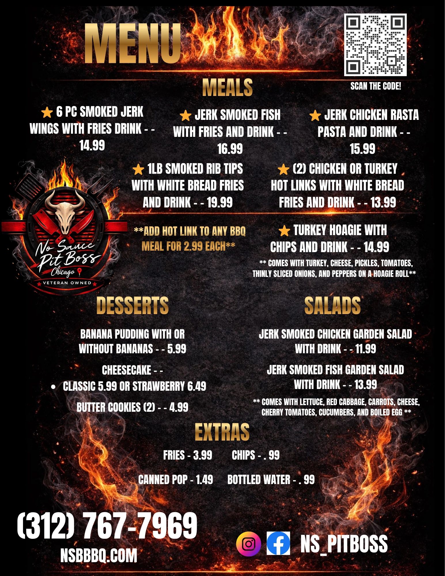 No Sauce Pit Boss Chicago menu featuring jerk smoked meals, desserts, salads, and extras with contact info.