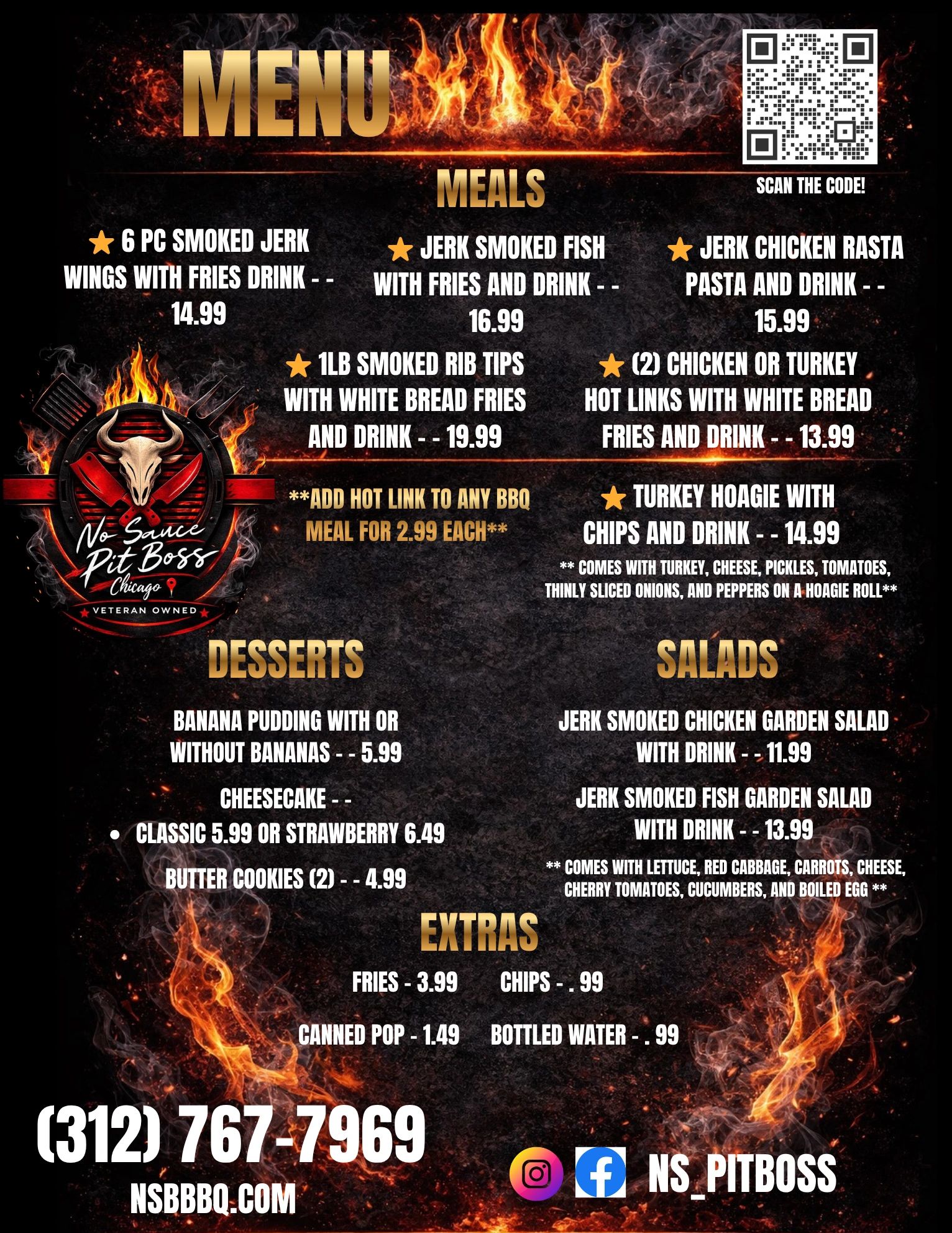 No Sauce Pit Boss Chicago menu featuring jerk smoked meals, desserts, salads, and extras with contact info.