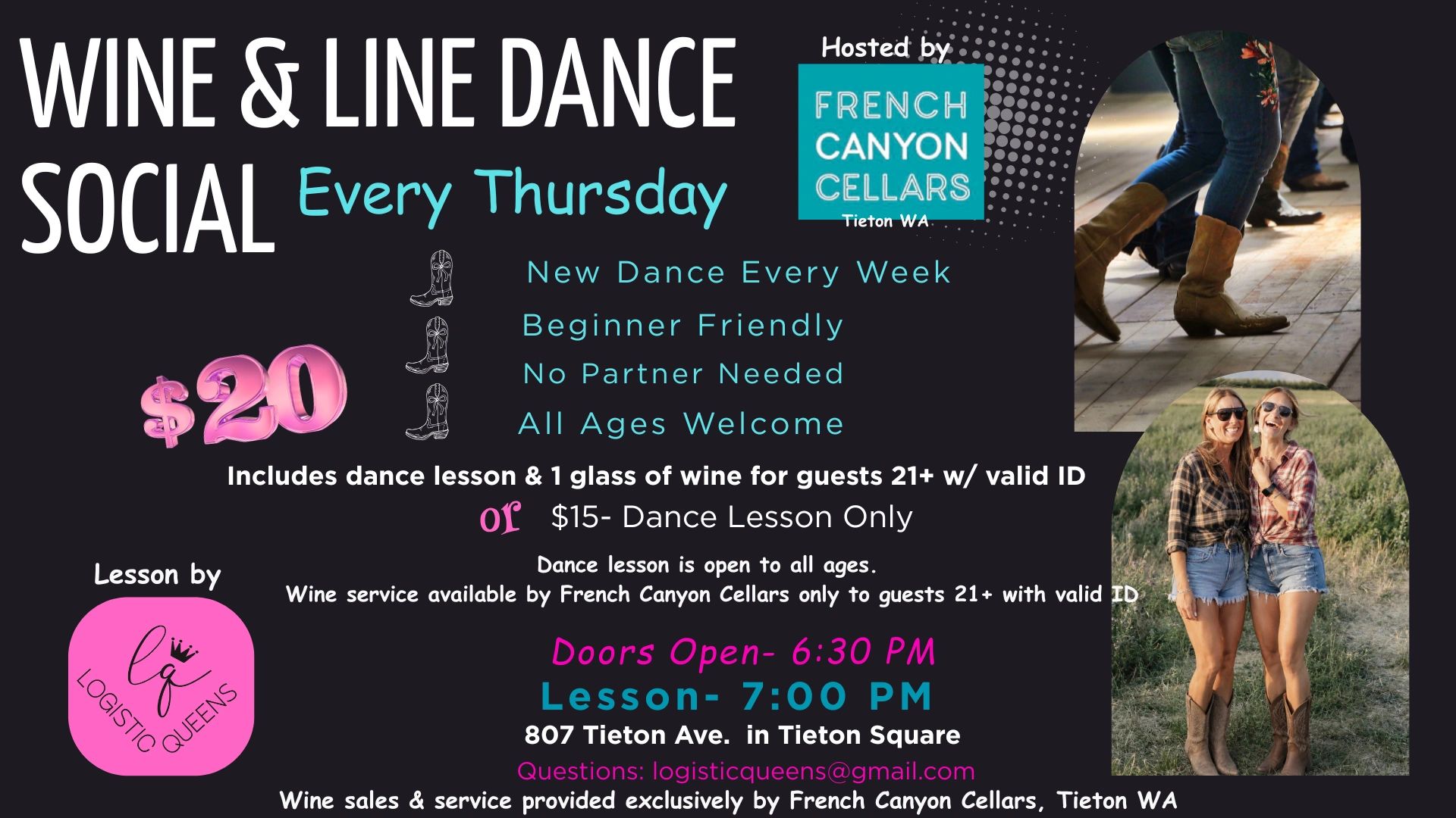 Wine and line dance social every Thursday with lessons and wine.