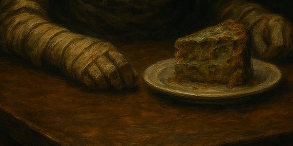A mummy with glowing eyes sits at a table with a slice of cake in dim light.