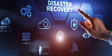 Hand pointing to digital icons with the text 'Disaster Recovery'.