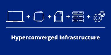 Icons representing components of hyperconverged infrastructure on a blue background.