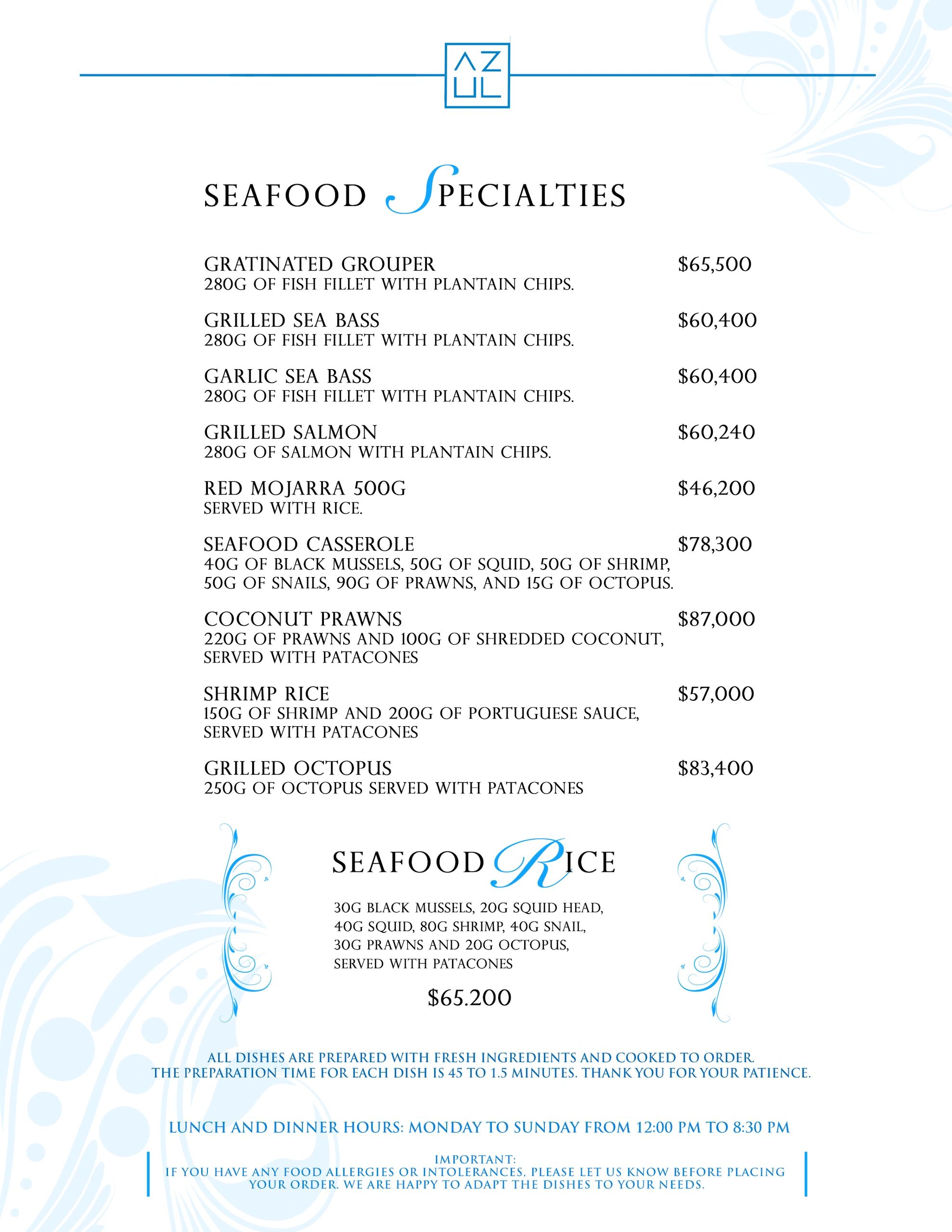 Seafood specialties menu featuring various fish and shellfish dishes with prices.