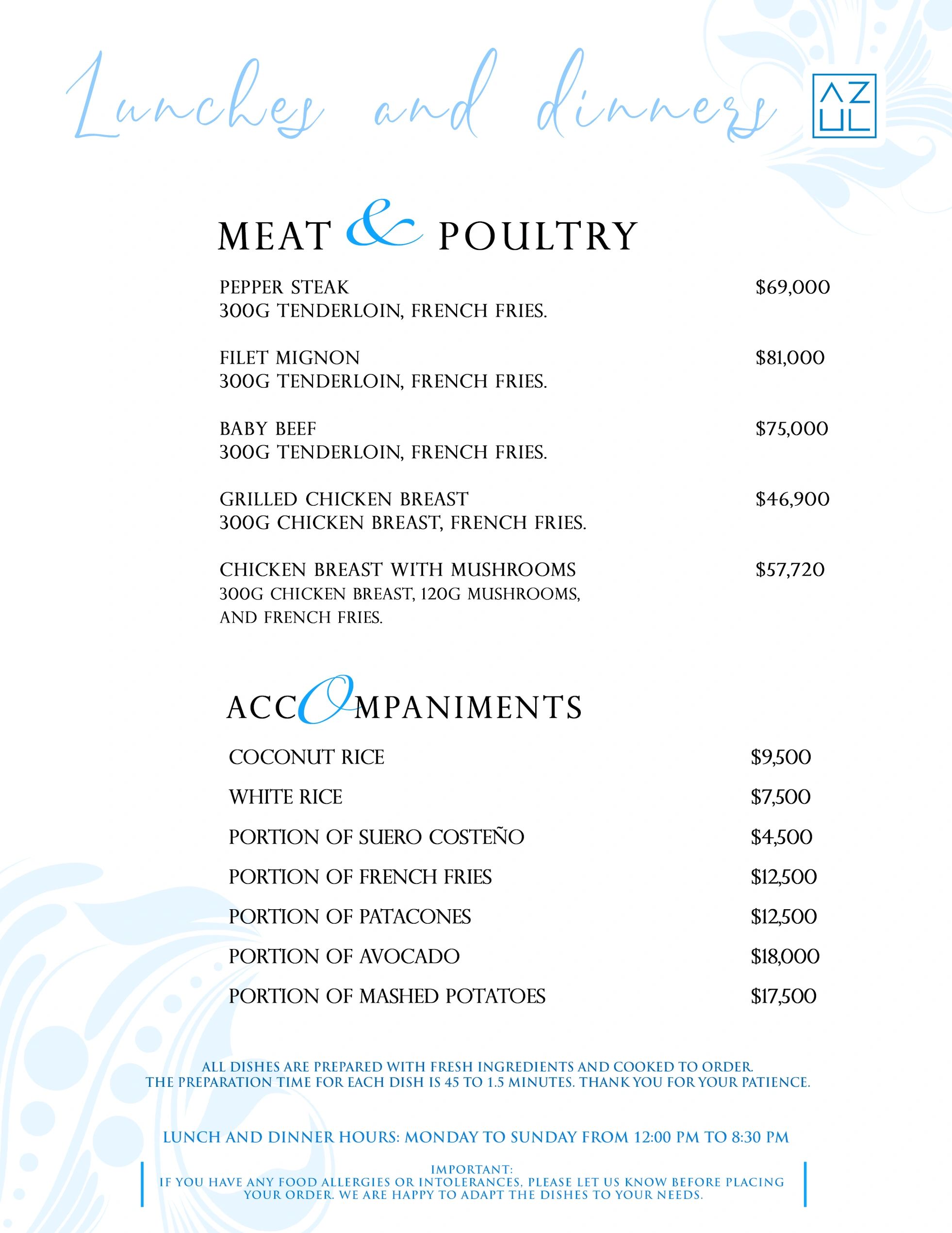 Menu for lunches and dinners featuring meat, poultry, and accompaniments with prices.