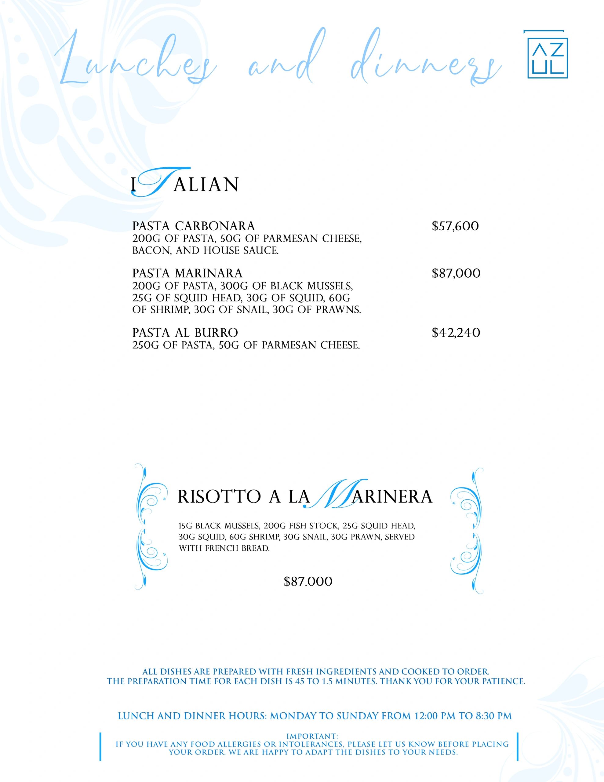 Italian menu featuring pasta and risotto dishes with seafood and cheese.