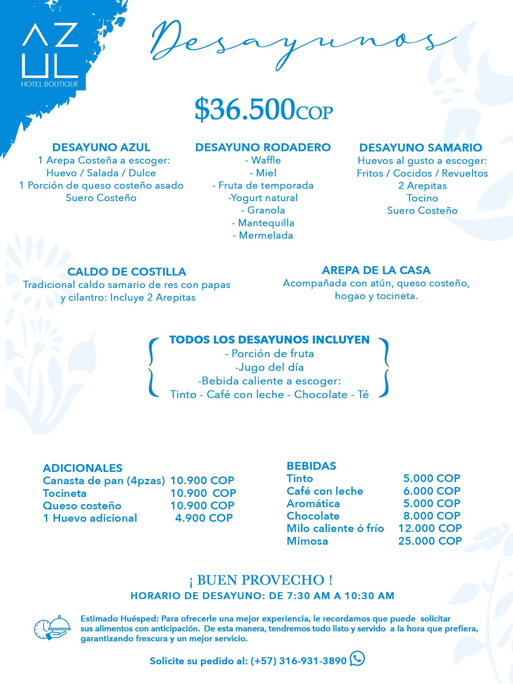 Menu of breakfast options and prices at Azul Hotel Boutique in Spanish.