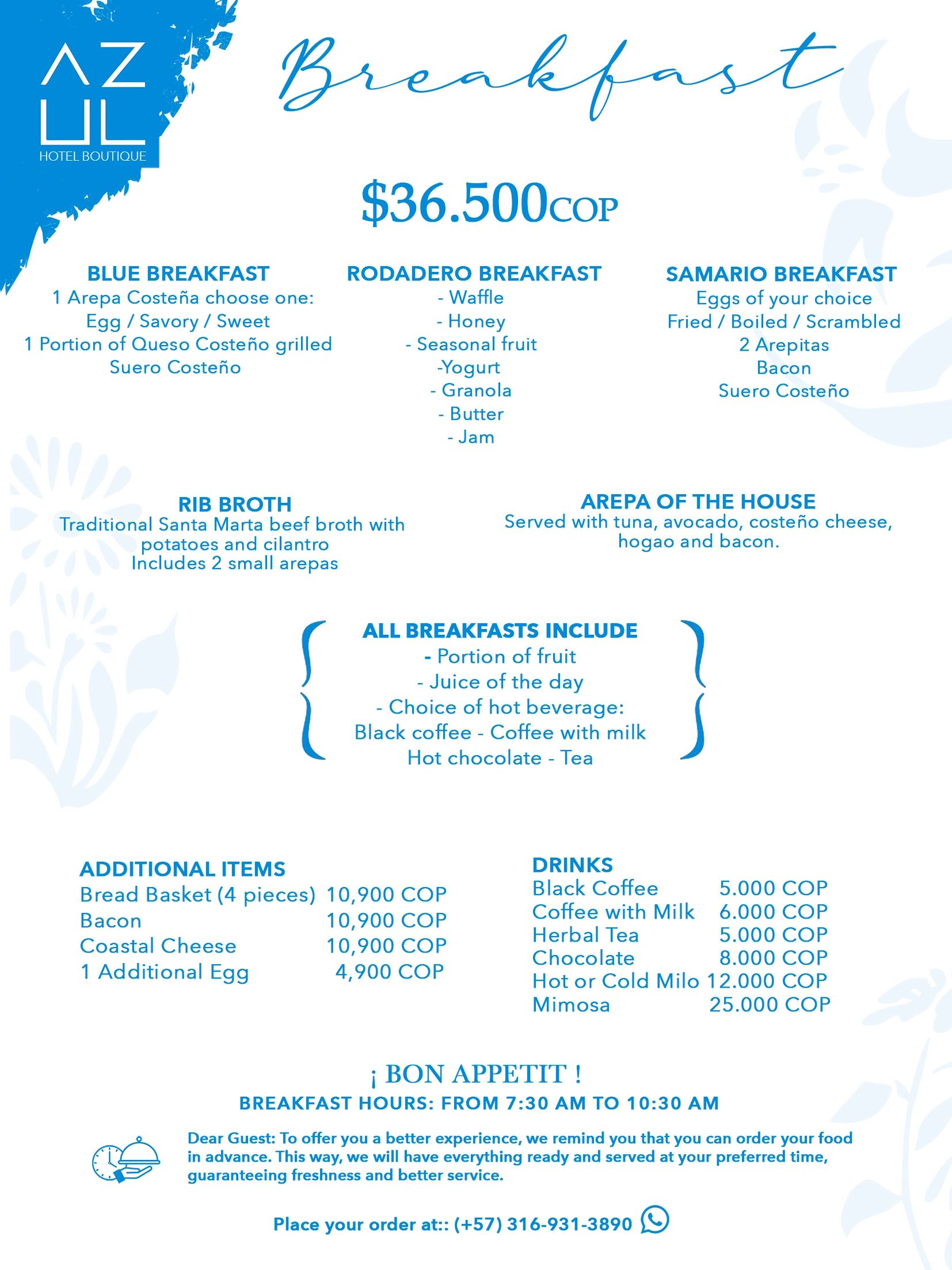 Breakfast menu with traditional and continental options at Azul Hotel Boutique.