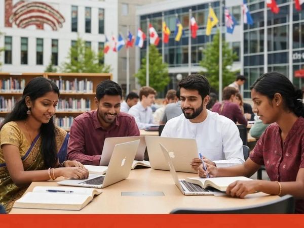Group of students studying together with laptops and books.