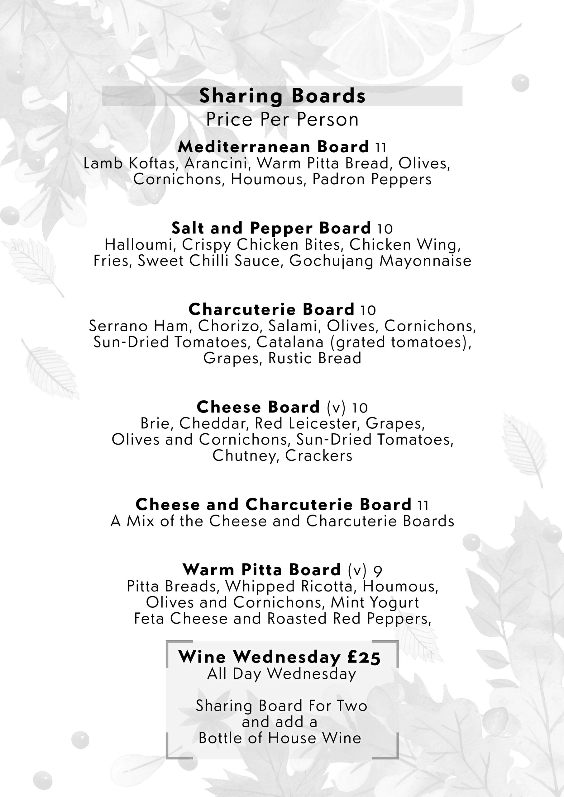 Menu listing various sharing boards with prices and ingredients, plus a Wine Wednesday offer.