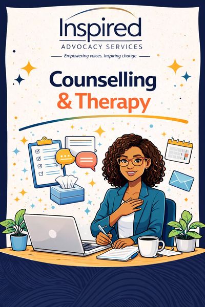 Illustration of a woman offering counselling and therapy services at a desk.