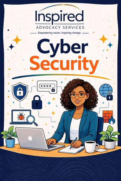 Illustration of a woman working on cybersecurity with advocacy branding.