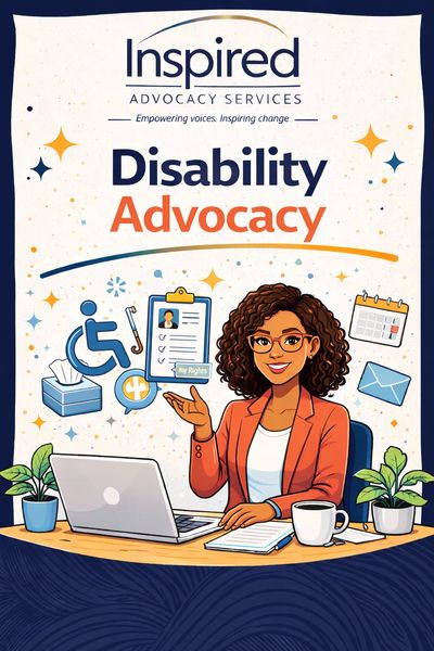 A woman in an office promoting disability advocacy with related icons.