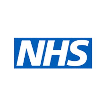 NHS logo with white letters on a blue background.