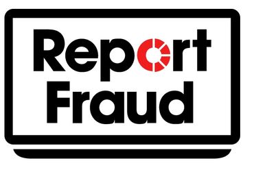 Logo with text 'Report Fraud' and a red circular design in the letter 'o'.