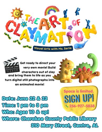 Colorful clay animation workshop flyer with event details and fun clay characters.
