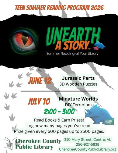 Teen Summer Reading Program 2026 at Cherokee County Public Library with dinosaur theme.