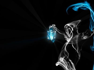 A smoky figure holding a glowing blue lantern in the dark.