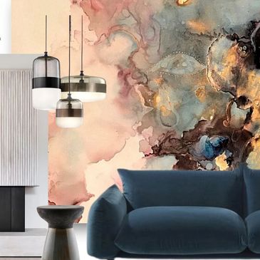 Vibrant contemporary design with blue accent and earthy dark tones, statement pieces.