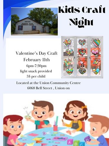 Kids Craft Night Valentine's Day event flyer.