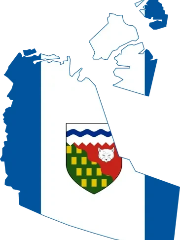 Map of Northwest Territories with flag design inside.