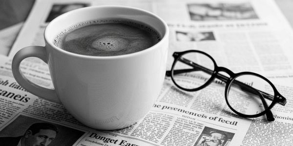 Coffee cup and glasses on a newspaper.