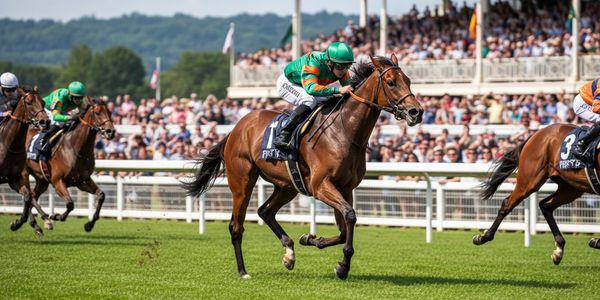 Horse race with jockeys riding at full speed.