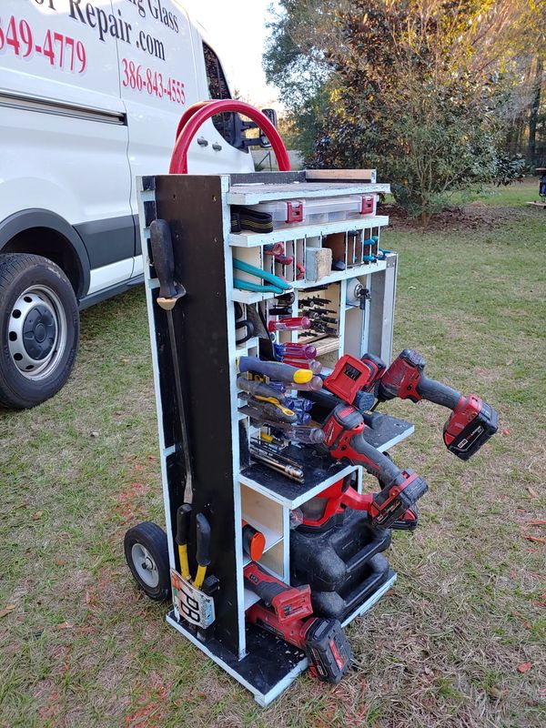 Handcrafted Tool Cart/ Work Station that we roll in to make efficient sliding glass door repairs.