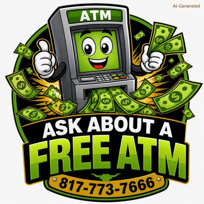Cartoon ATM with money and contact number for a free ATM.