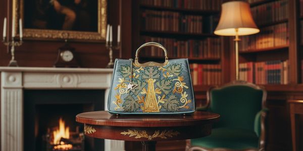 Elegant embroidered handbag on a wooden table in a classic library setting.