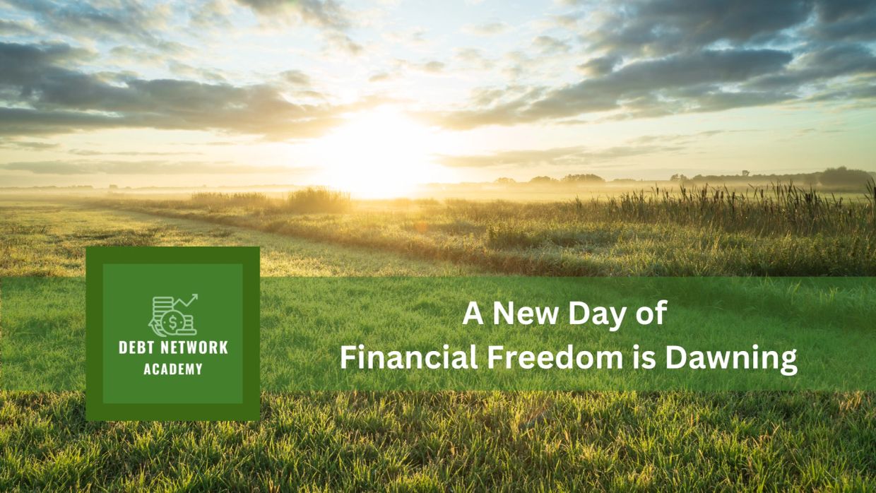 Sunrise over a green field with financial freedom message.