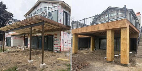 Before and after images of a house deck construction showing progress.