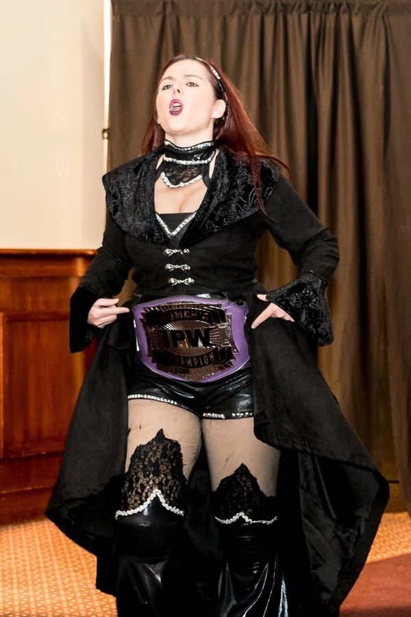 IPW Champion Miss Frankie Jay in the original gear and jacket, custom made for her by Anastazia's