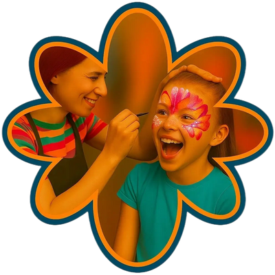 Logo en découpe de fleur qui présente le service de maquillage avec une enfant et la maquilleuse