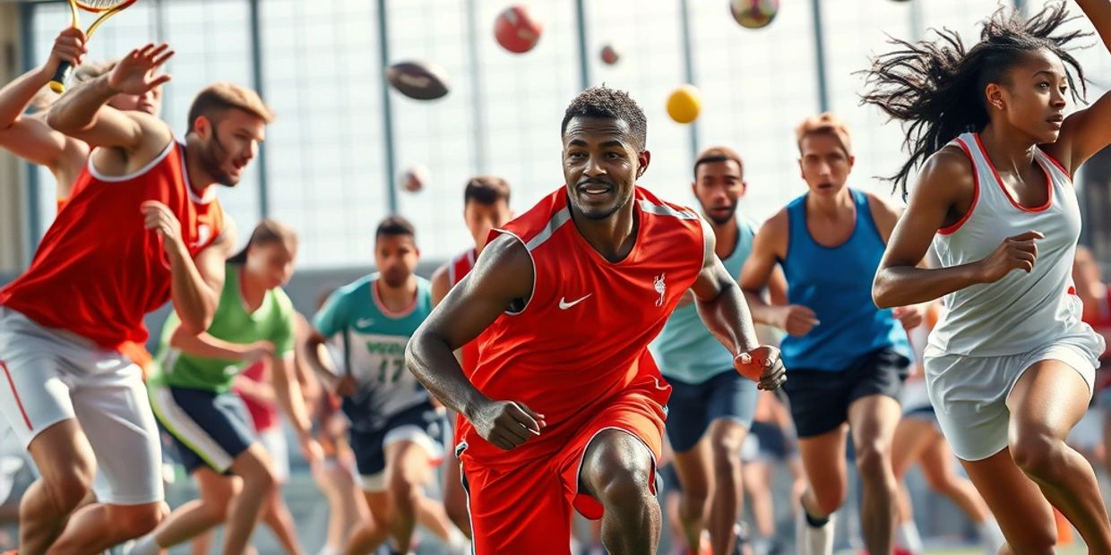 A group of athletes sprinting indoors during a multi-sport event.
