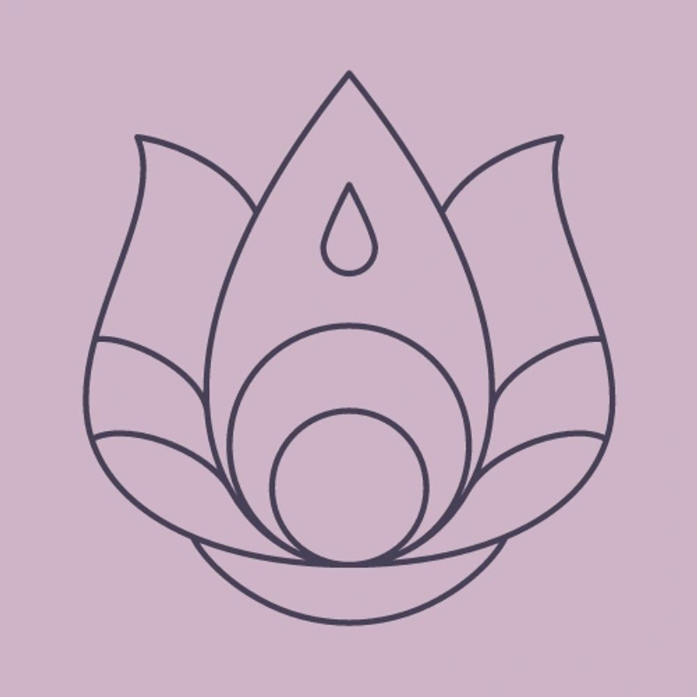 Grey thick outline of a lotus flower on a lavender background.