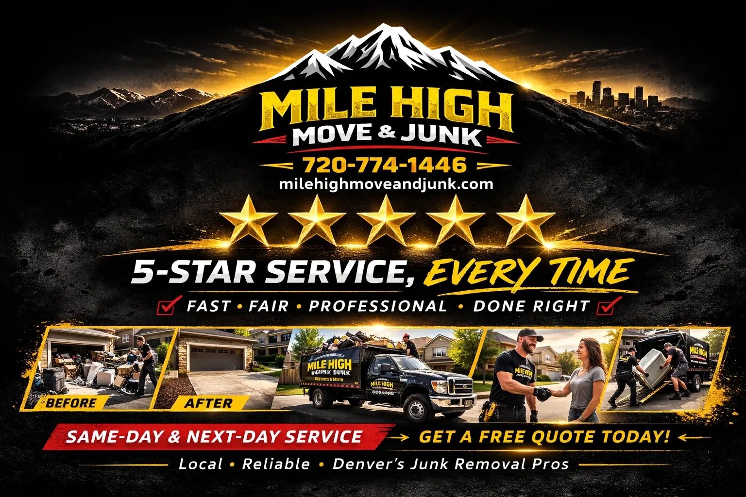 Mile High Move & Junk offers 5-star junk removal service in Denver with fast, professional same-day and next-day options.