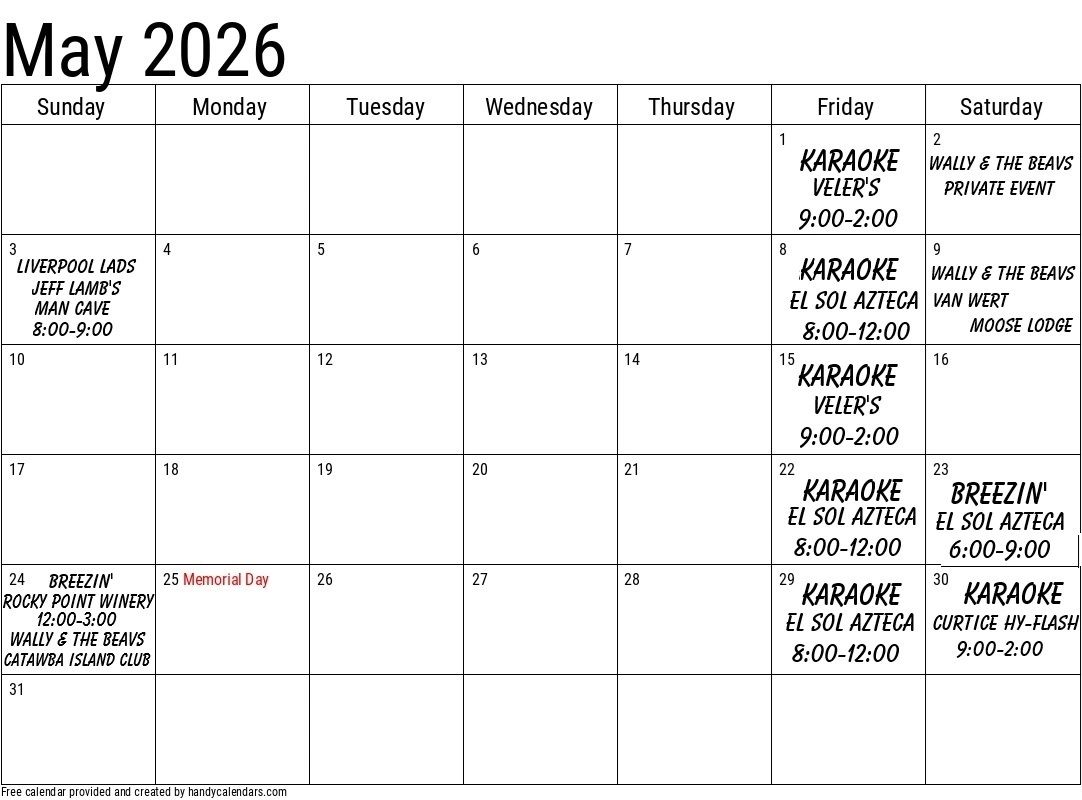 May 2026 calendar with karaoke and live music events.