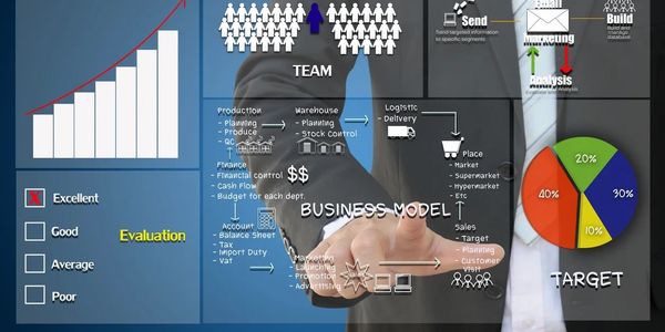 Business model and marketing strategy visualization with charts and evaluation checklist.